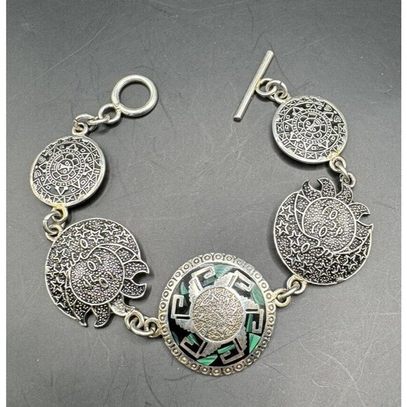 Artisan Mayan Aztec Link Bracelet Sterling 925 Mexico Signed 7 1/4" Enamel - Picture 2 of 10